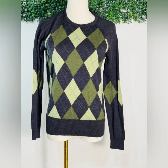 Women's Pendleton Gray & Olive Green Argyle Merino Wool Pullover Sweater Size S - Picture 1 of 8